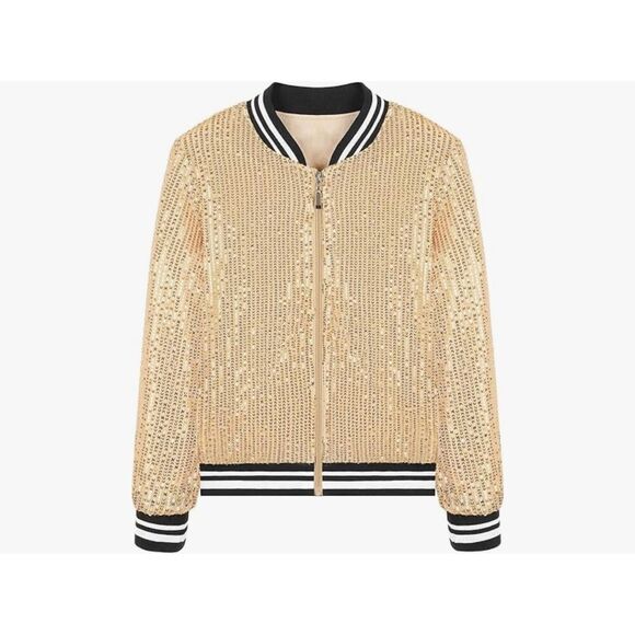 NEW Gold Girls Sequin Bomber Sparkle Zipper Pockets Jacket 8 Yrs - Picture 1 of 8